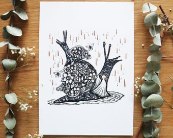 Land of Snails - limited edition print | Pen drawing, Nature, Folk Art, Flowers, Spring, Autumn, Falling Stars | A4 size Print