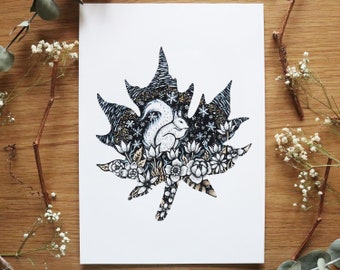 Leaf Squirrel - limited edition print | Pen drawing, Nature, Folk Art, Leaves, Winter, Flowers, Squirrel, Snowflakes | A4 size Print