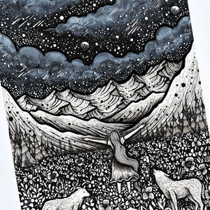 Embrace of Life Pen drawing, Moon, Night, Nature, Landscape, Mountains, Wolf, River Fine Art Print image 2