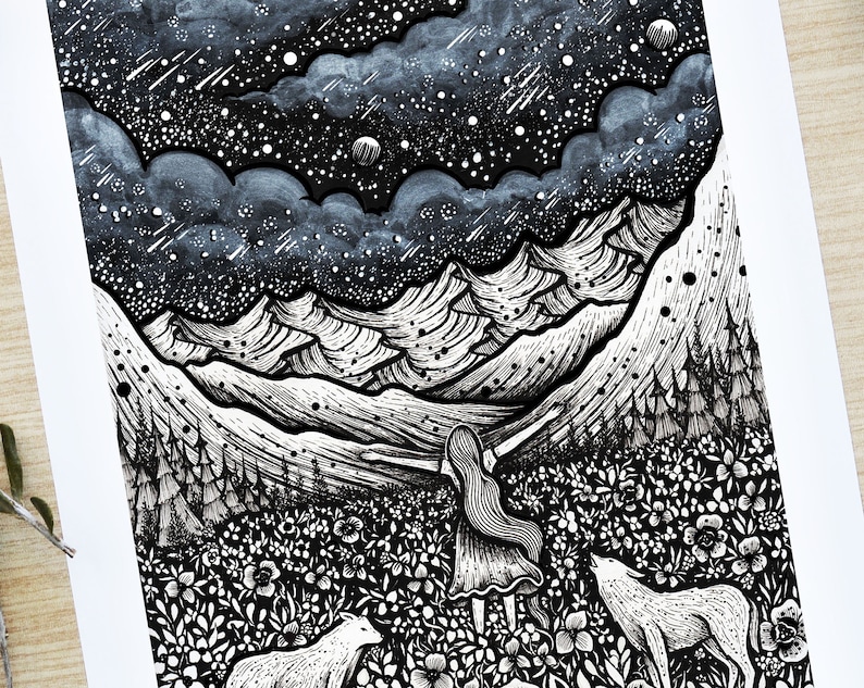 Embrace of Life Pen drawing, Moon, Night, Nature, Landscape, Mountains, Wolf, River Fine Art Print image 2