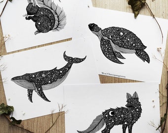 Set of 4 | Nursery Print, Squirrel, Whale, Fox, Sea turtle, Night, Nature, Galaxy, Space, Animals, Nursery Decor, | A5 size Print