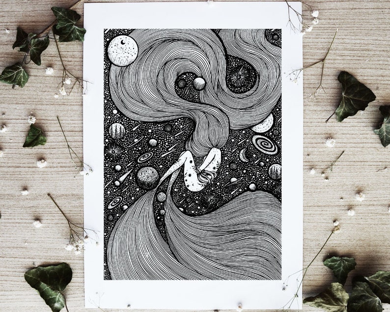 Floating Woman, Pen drawing, Time, Space, Surreal Art, Rebirth, Planets, Line art A4 size Print image 1