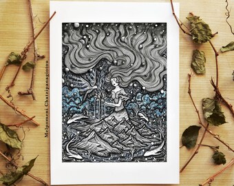 Dreamy Nature || Fine Art Print, Flowers, Pillars, Nature, Book, Moon. Illustrated by Melpomeni Chatzipanagiotou