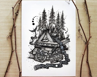 The Dreamer || Fine Art Print, Books Mountains, Forest, Nature, Space, Night, Moon, Home Decoration, Interior art