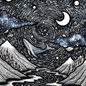 Traveling between Worlds Pen drawing, Whale, Woman, Moon, Night, Nature, Landscape, Mountains, River Fine Art Print image 2