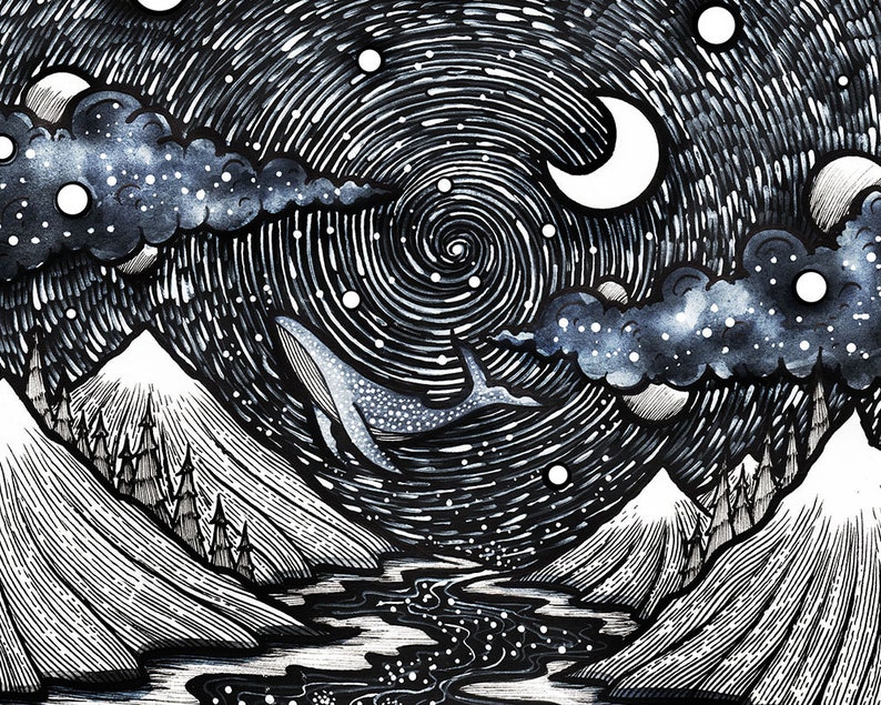 Traveling between Worlds Pen drawing, Whale, Woman, Moon, Night, Nature, Landscape, Mountains, River Fine Art Print image 2