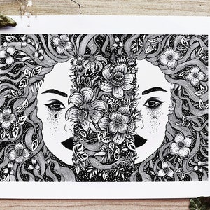 Falling Open Pen Drawing, Woman, Black and White, Florals, Night, Space, Magic A4 size Print image 1