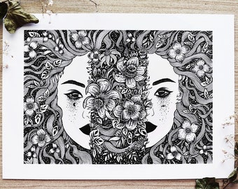 Falling Open | Pen Drawing, Woman, Black and White, Florals, Night, Space, Magic | A4 size Print