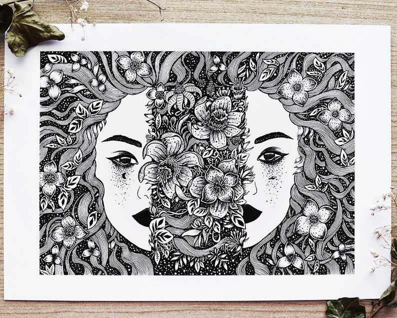 Falling Open Pen Drawing, Woman, Black and White, Florals, Night, Space, Magic A4 size Print image 1