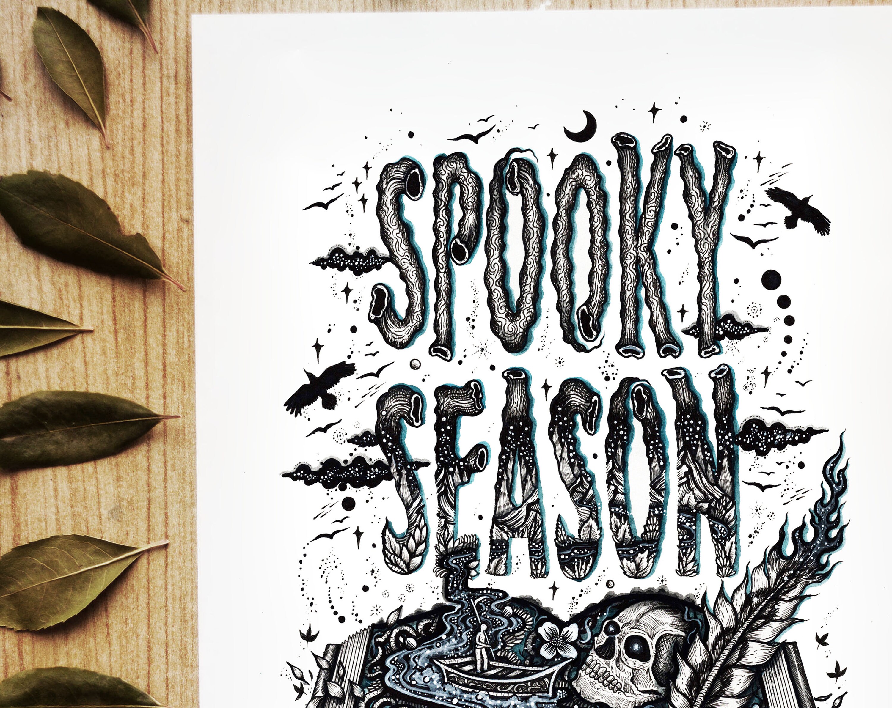 Spooky Season || Fine Art Print, Book, Halloween Art, Skull, Moon