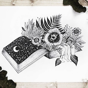 Book Lovers // A4 Horizontal size Print. Book, Couple, Love, Botanical, Flowers, Surreal Art, Bookish Designed by MenisArt image 1