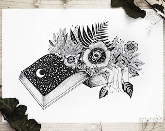 Book Lovers // A4 Horizontal size Print. Book, Couple, Love, Botanical, Flowers, Surreal Art, Bookish - Designed by MenisArt