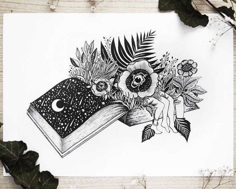 Book Lovers // A4 Horizontal size Print. Book, Couple, Love, Botanical, Flowers, Surreal Art, Bookish Designed by MenisArt image 1