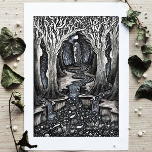 Nymph of the Spirit Trees | Pen drawing, Moon, Night, Nature, Landscape, Fantasy Art, Folk Art, Mountains, Cabin, River | Fine Art  Print