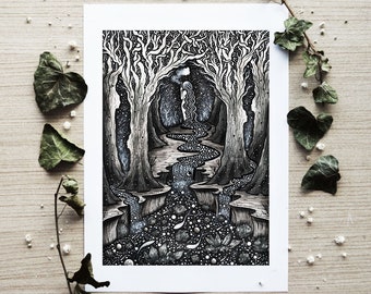 Nymph of the Spirit Trees | Pen drawing, Moon, Night, Nature, Landscape, Fantasy Art, Folk Art, Mountains, Cabin, River | Fine Art  Print