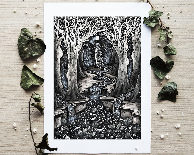 Nymph of the Spirit Trees Pen drawing, Moon, Night, Nature, Landscape, Fantasy Art, Folk Art, Mountains, Cabin, River Fine Art Print image 1