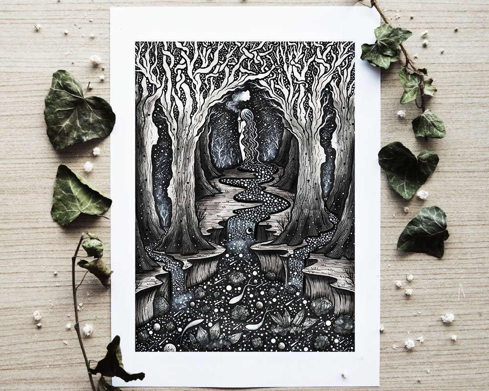 Embrace of Life | Pen drawing, Moon, Night, Nature, Landscape, Mountains,  Wolf, River | Fine Art Print