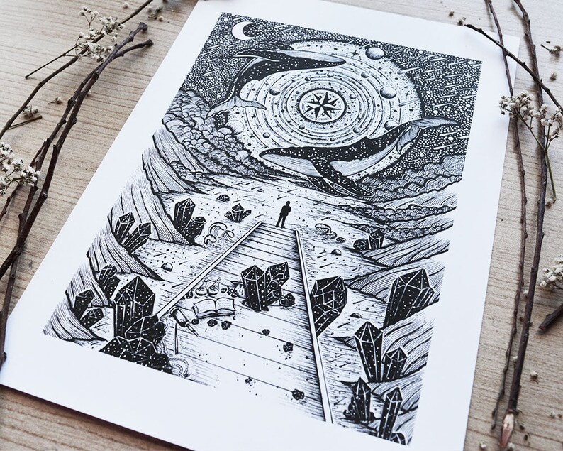 May include: Black and white illustration of a person standing on a path leading up to two whales swimming in the sky. The whales are surrounded by stars and a compass. The path is lined with crystals.