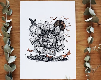 The Artist - limited edition print | Pen drawing, Bird, Butterflies, Folk Art, Painter, Moon, Autumn, Books | A4 size Print