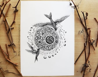 Overwhelmed || A4 size single Print, Space, Eye, Nature, Botanical flowers, Surreal art. Illustrated by Melpomeni Chatzipanagiotou