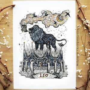 Leo - Zodiac signs, Crown, Animal, Lion, Astrology, Horoscope, Lion roars, Botanical Art (A4 size Illustration Print)