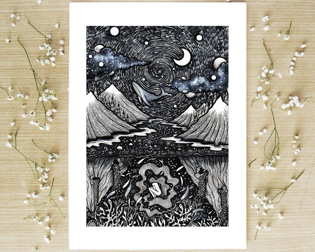 Traveling Between Worlds | Pen Drawing, Whale, Woman, Moon, Night ...