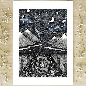 Traveling between Worlds Pen drawing, Whale, Woman, Moon, Night, Nature, Landscape, Mountains, River Fine Art Print image 1