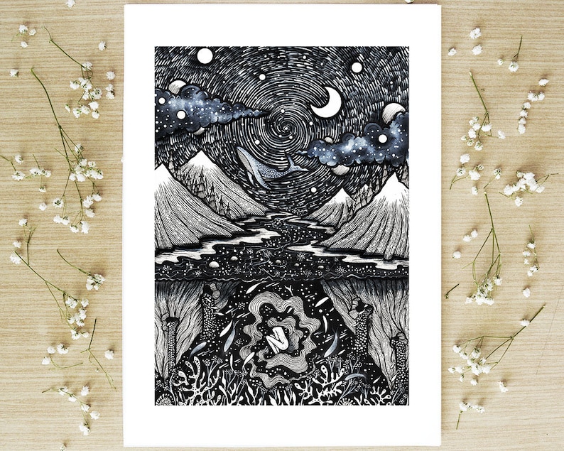 Traveling between Worlds Pen drawing, Whale, Woman, Moon, Night, Nature, Landscape, Mountains, River Fine Art Print image 1