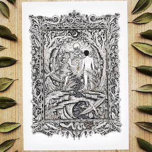 Paradise: ''Garden of Eden'' limited edition print | Pen drawing, Moon, Nature, Landscape, Adam and Eve, Home Decor, A4 size, Fine Art Print