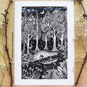 Venturing to unknown lands || A4 size Print, Boat, Mountains, Forest, Nature, Forest, Deer, Moon. Designed by Menisart