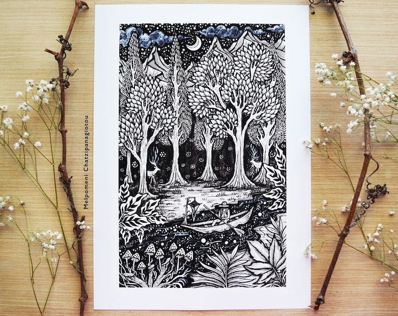 Venturing to unknown lands A4 size Print Boat Mountains image 0