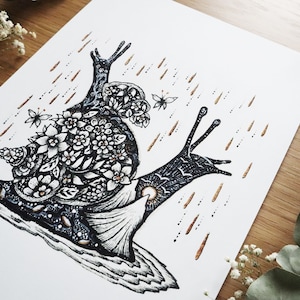 Land of Snails limited edition print Pen drawing, Nature, Folk Art, Flowers, Spring, Autumn, Falling Stars A4 size Print image 3