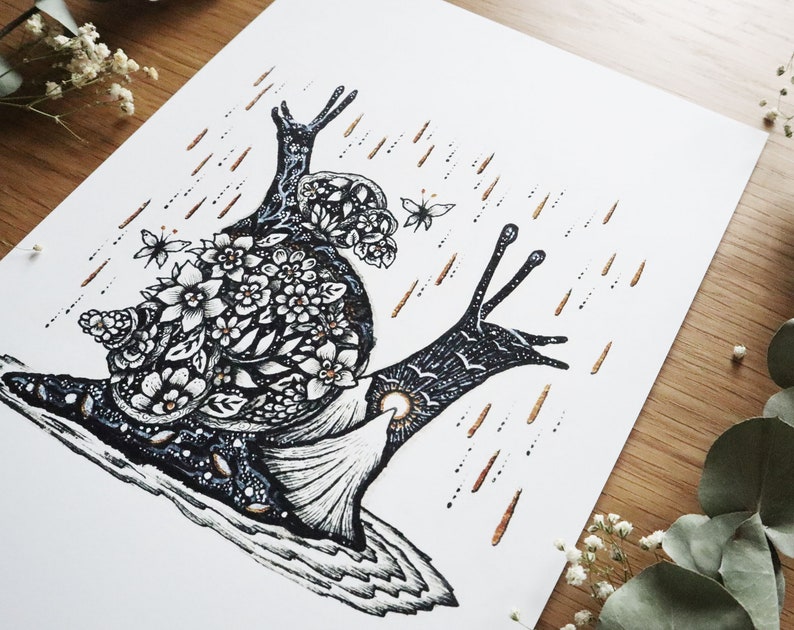 Land of Snails limited edition print Pen drawing, Nature, Folk Art, Flowers, Spring, Autumn, Falling Stars A4 size Print image 3