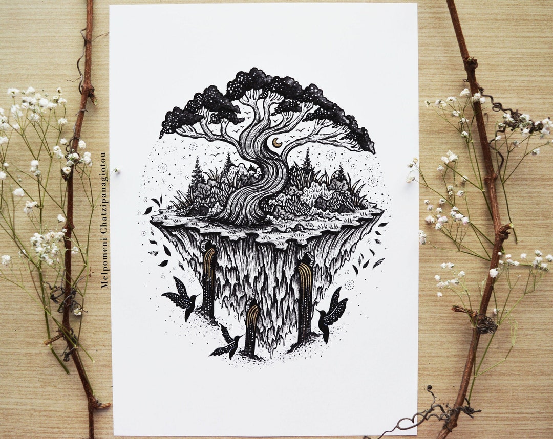 Limited Edition Print, Bonsai Mountain Tree | Pen Drawing, Birds