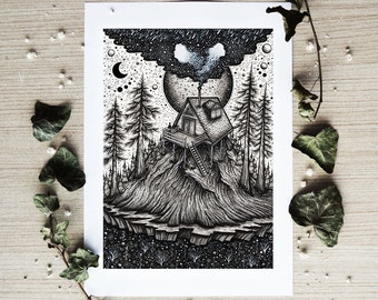 The Cabin in the Woods || Fine Art Print,Face Mountains, Forest, Nature, Space, Night, Moon. Designed by Menisart