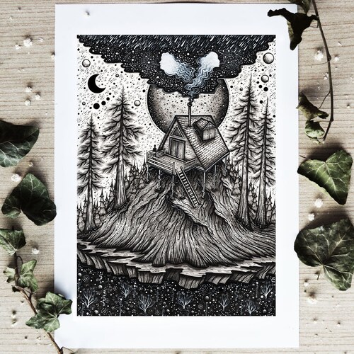 Spirit of the Lake Pen Drawing, Moon, Night, Nature, Landscape, Mountains,  Cabin, River Fine Art Print 