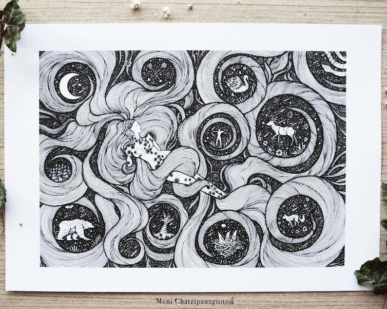 Artemis Greek Goddess Pen drawing Animals Nature Woman image 0