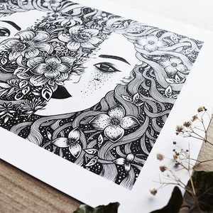 Falling Open Pen Drawing, Woman, Black and White, Florals, Night, Space, Magic A4 size Print image 5