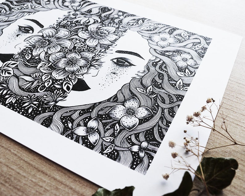 Falling Open Pen Drawing, Woman, Black and White, Florals, Night, Space, Magic A4 size Print image 5