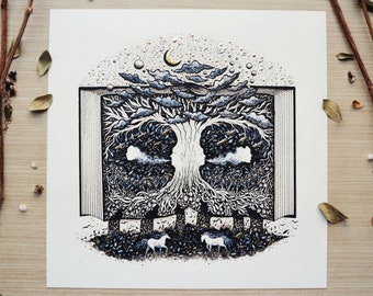 Limited edition ''Whispers of the Old Oak Tree'' print with gold imitation leaf on ivory paper | Watercolour painting, Fantasy