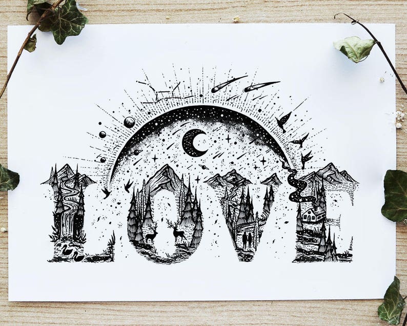 Love Pen drawing, Landscape, Outdoors, Galaxy, Moon, Sun, Nature, Animals A4 size Print image 1