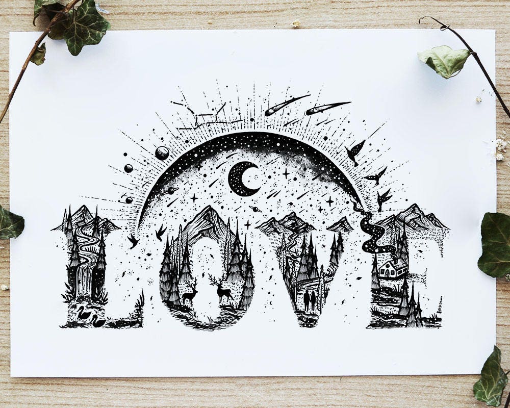 鉛筆画「Love nature」　B5大サイズ Love | Pen Drawing, Landscape, Outdoors, Galaxy, Moon, Sun, Nature