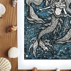 Mermaid: Creature of the Deep Ocean Mythical Creature, Whales, Underwater, Home Decor A4 size Art Print By Melpomeni Chatzipanagiotou image 3