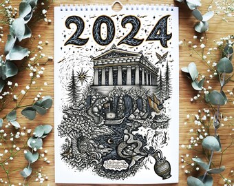 2024 Illustrated Wall Calendar - 12 monthly Illustrations, Ancient Greece, Art, Drawings, Greek Mythology, Calendar Art, Home Decor