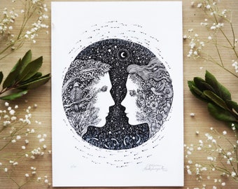 Limited edition print, The Beauty of Loving Life | Pen drawing, Birds, Moon, Space, Nature, Landscape, Fantasy Art | A4 size Print