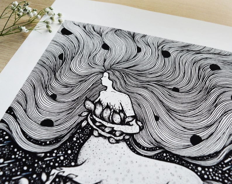 ケンタウリデス | ペン画、ファンタジーアート、神話アート、夜、自然、月、植物、花 | A4サイズプリント 画像 3