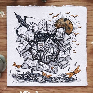 Piccola opera d'arte originale ''The Artist'' // Carta fatta a mano, , Libri, Uccelli, Arte fantasy, Farfalle. Surreale. Ghianda.
