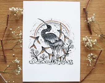 Enchanted Familiars - limited edition print | Pen drawing, Nature, Folk Art, Flowers, Winter, Fish, Bird, Lake | A4 size Print