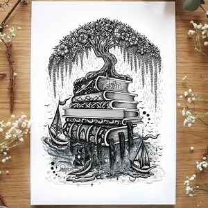 Buch Reisen. Hafen der Träume || A4 größe Druck, Weltraum, Wald, Natur, Wald, Bücher, Schiffe, Blumen, Landschaft von Melpomeni Chatzipanagiotou