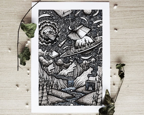 Spirit of the Lake Pen Drawing, Moon, Night, Nature, Landscape, Mountains,  Cabin, River Fine Art Print 